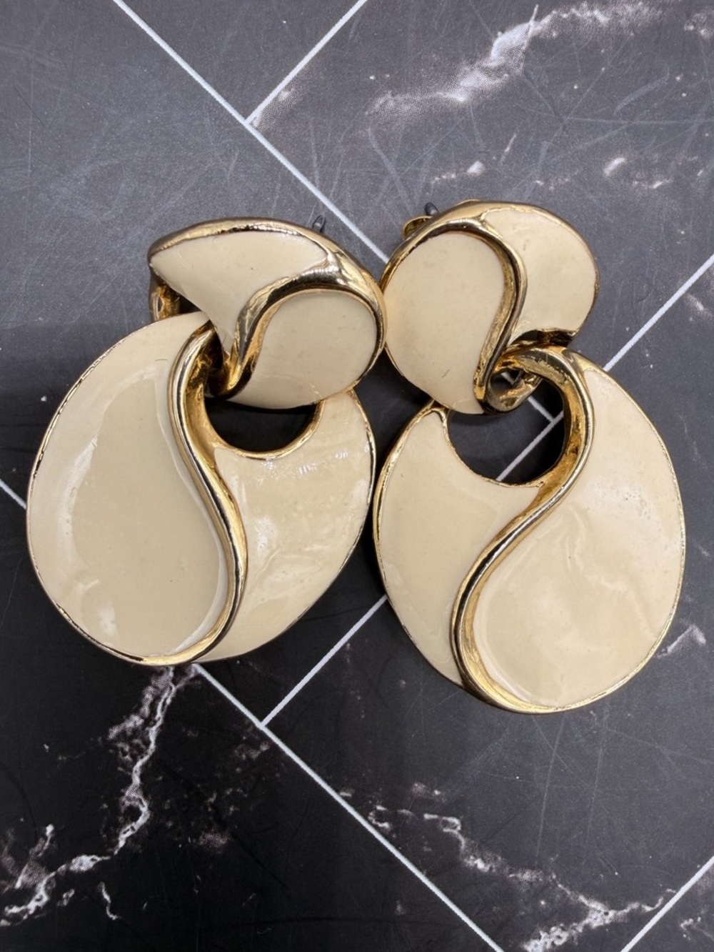 Vintage Givenchy 1980s Cream Enamel Door Knocker Drop Earrings Gold Tone Signed
